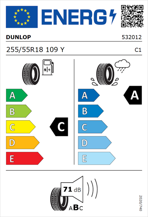 Tyre Label for Dunlop Sportmaxx RT 2 SUV 255/55R18 109Y