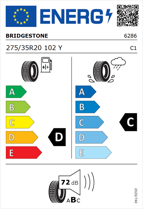 Tyre Label for Bridgestone Potenza S001 275/35R20 102Y