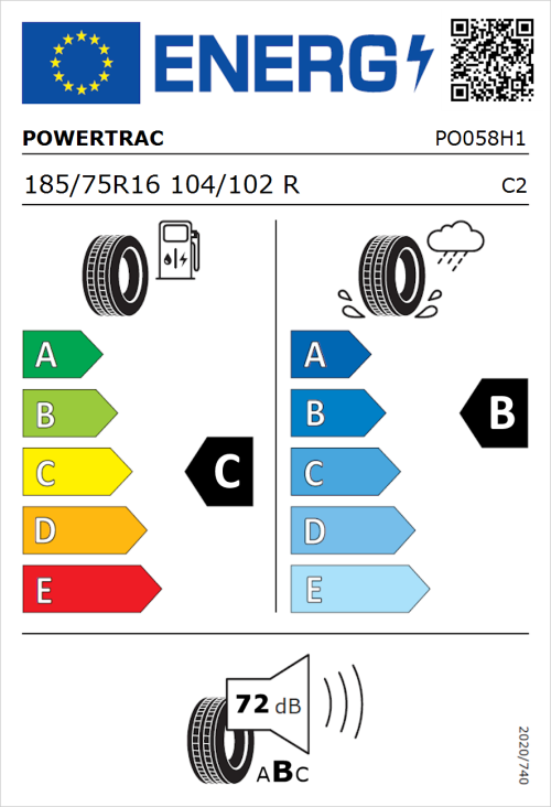 Tyre Label for Powertrac Van Tour 185/75R16 104/102R